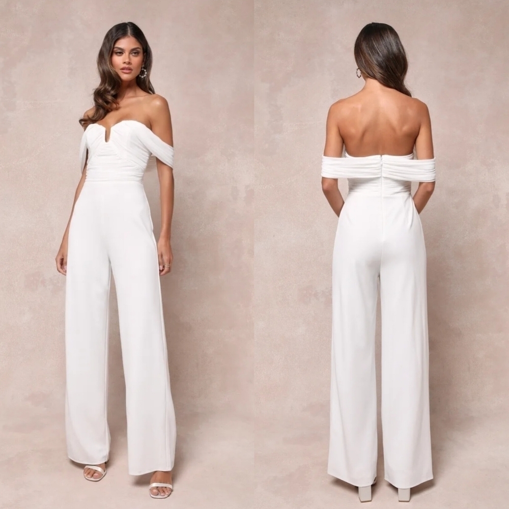 Lulus Gorgeous Fantasy White Mesh Ruched Off-the-Shoulder Jumpsuit XS Wedding